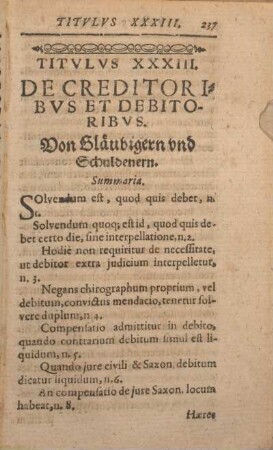 Titvlvs XXXIII. De Creditoribvs Et Debitoribvs. Von Gläubigern vnd Schuldnern.