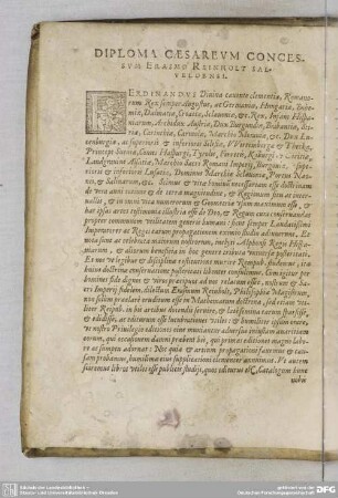 DIPLOMA CAESAREUM CONCESSUM ERASMO REINHOLT SALVELDENSI.