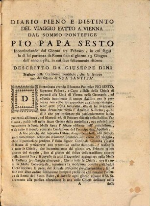 Diario pieno e distinto del viaggio fatto a Vienna dal Sommo Pontefice Pio P. Sesto