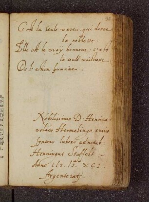 Henning Staffelt. – Incipit: C'est la seule vertu, qui donne la noblesse. – Straßburg, 1591