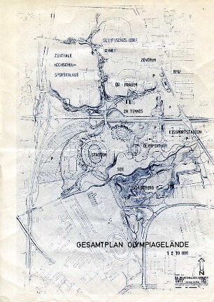 Hansjakob, Gottfried; München - Oberschleißheim, Oberwiesenfeld; Olympiagelände Oberwiesenfeld und Wettbewerb Olympia-Schießanlage Oberschleißheim - Gesamtplan Olympiagelände (Lageplan)
