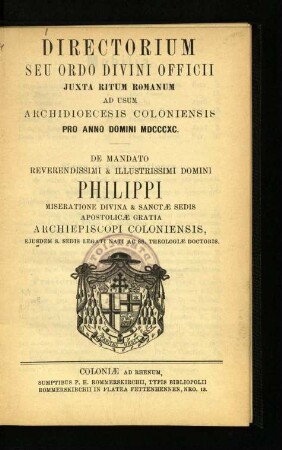 Directorium seu ordo divini officii juxta ritum Romanum ad usum Archidioecesis Coloniensis / 1890