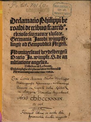 Declamatio Philippi beroaldi de tribus fratrib[us] ebrioso: scortatore [et] lusore