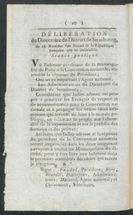 Délibération du Directoire du District Strasbourg, du 28 Messidor l'an second de la République francaise une et indivisible = Berathschlagung des Straßburger Distrikt-Direktoriums vom 28. Messidor im 2ten Jahre der in Einheit und Unzertrennlichkeit bestehenden fränkischen Republik