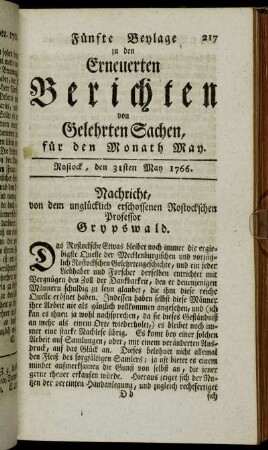 Fünfte Beylage. Rostock, den 31sten May 1766