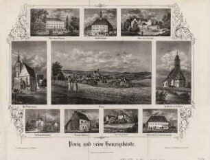 Ansicht von Penig, seine Kirchen und Hauptgebäude, Lithographie, um 1845 : Penig und Hauptgebäude / n. d. Natur gezeichnet v. W. Wegener. - Dresden : Hermann Schmidt ; Dresden : J. H. Ketzschau , [um 1845]. - 10 Ansichten auf 1 Kunstblatt : Lithogr. ; Gesamtgr. 34 x 24 cm. - 1 Gesamtansicht mit 9 Detailansichten
