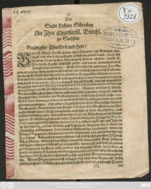 Der Stadt Erffurt Schreiben An Ihre Churfürstl. Durchl. zu Sachsen ... : [Geben unter unserm Secret am 18. Septemb. 1664. ... Der Rath zu Erffurt]