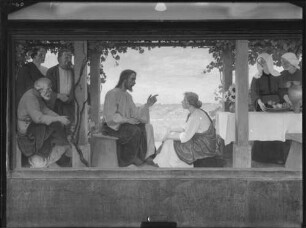 Brötzingen Evangelische Christuskirche Innenansicht - Wandgemälde über der Kanzel Christus mit Maria Magdalena im Hause der Martha von Hans Schrödter