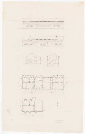 Siedlung Hinrichssegen, Bruckmühl Mehrfamilienwohnhaus: Grundrisse, Aufrisse, Schnitt eines Mehrfamilienwohnhauses 1:100