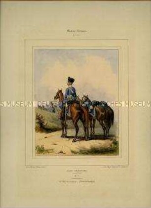 Uniformdarstellung, Dragoner zu Pferd, Preußen, 1832/1848. Tafel Nr. 179 aus: Galerie militaire. Collection des Costumes Militaires de toutes les Nations. Paris 1840 - 1855.
