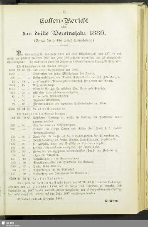 Cassen-Bericht über das dritte Vereinsjahr 1886