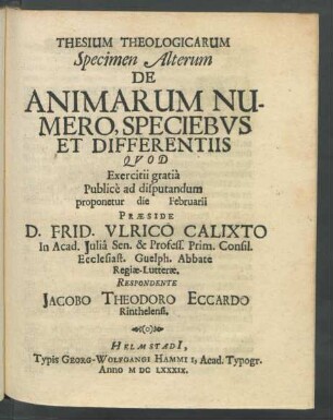 Thesium Theologicarum Specimen Alterum De Animarum Numero, Speciebus Et Differentiis