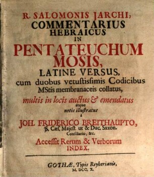 R. Salomonis Jarchi Commentarius Hebraicus In Pentateuchum Mosis