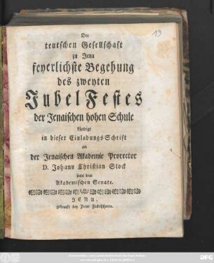 Der teutschen Gesellschaft zu Jena feyerlichste Begehung des zweyten Jubel Festes der Jenaischen hohen Schule
