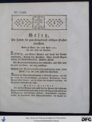 Gesetz, Die Zufuhr der zum Kriegsdienst nöthigen Sachen betreffend.