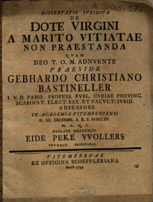 Dissertatio iuridica de dote virgini a marito vitiatae non praestanda