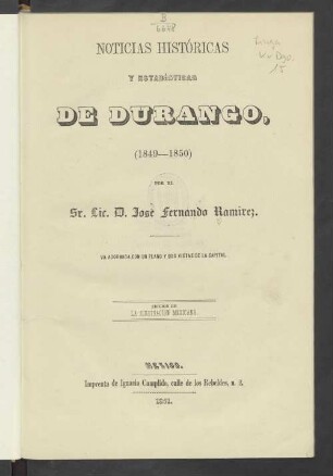 Noticias históricas y estadísticas de Durango, (1849 - 1850)