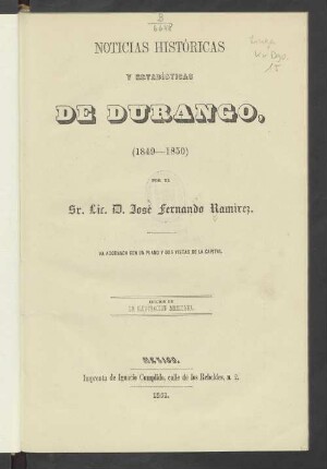 Noticias históricas y estadísticas de Durango, (1849 - 1850)