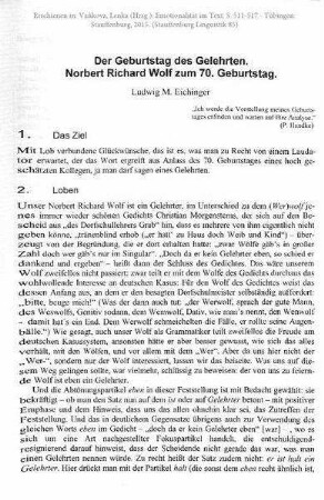 Der Geburtstag des Gelehrten. Norbert Richard Wolf zum 70. Geburtstag