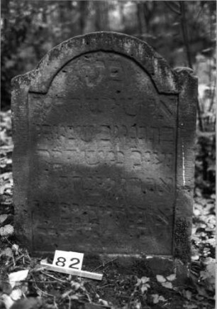 Grabstein 82 (Index: 99804204) Material: Sandstein Zustand: gut, Seitenakroterien abgebrochen Maße HxBxT: 92x67x9 cm Beschreibung: Stele m. eingezog. Rundbogen u. profiliert. Rand, Seitenakroterien Symbolik: Seitenakroterien: Grabstein 82