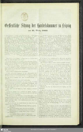 Oeffentliche Sitzung der Handelskammer zu Leipzig am 11. März 1902