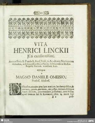 Vita Henrici Linckii JCti excellentissimi …