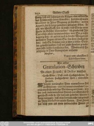 Ein ander Gratulation-Schreiben An einen Freund, so Doctor worden.