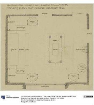 Darmstadt, Dreihäusergruppe, Eckhaus, erstes Obergeschoss, Billardzimmer, Raum 9, Grundriss mit Möblierungsplan