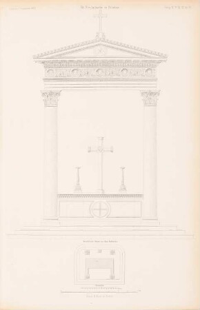 Sankt Nikolaikirche, Potsdam: Ansicht Altar, Grundriss (aus: Atlas zur Zeitschrift für Bauwesen, hrsg. v. G. Erbkam, Jg. 3, 1853)