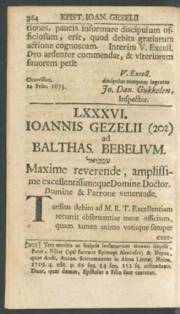 LXXXVI. Ioannis Gezelii (202) ad Balthas. Bebelium