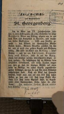 Kurze Geschichte vom Wallfahrtsorte St. Georgenberg