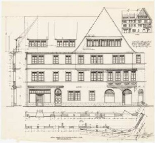 Fassaden der nach dem Brand am 17. Juni 1915 wiederaufgebauten Häuser, Duderstadt: Aufriss: Ansicht von der Straße 1:50; Fassadenschnitte horizontal und vertikal 1:50; Fassadenskizze 1:200