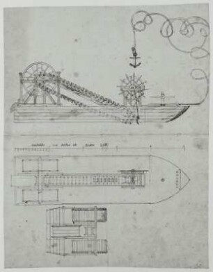 Desseins des differentes Machines, Collection du Jean de Bodt (1. H. 18. Jh.). Plan einer Maschine. Feder, braune Tusche, laviert; 367 x 282 mm