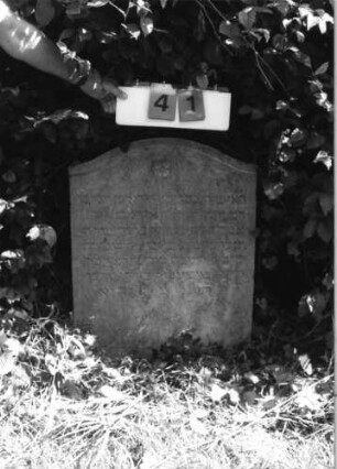 Grabstein 41 (Index: 99796349) Material: Sandstein Zustand: gut Maße HxBxT: 94x63x11 cm Beschreibung: Stele, Konvexbogenabschluß mit kleiner Verdachung Symbolik: Blüte: Grabstein 41