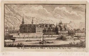 Das Schloss Pillnitz bei Dresden vom linken Ufer über die Elbe gesehen