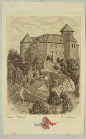 Schloss Voigtsberg (früher Burg Voigtsberg) in Oelsnitz-Voigtsberg im Vogtland, aus südlicher Richtung, mit Wappen