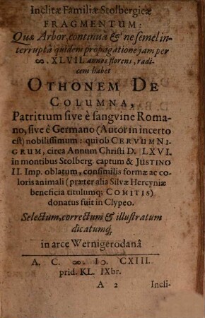 Inclytae familiae Stolbergicae fragmentum