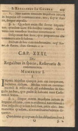 Cap. XXXI. De Regalibus in specie, Reservatis & communicatis.