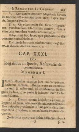 Cap. XXXI. De Regalibus in specie, Reservatis & communicatis.