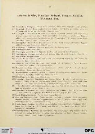 Arbeiten in Glas, Porzellan, Steingut, Fayence, Majolika, Steinzeug, Ton (Nr. 449-648)