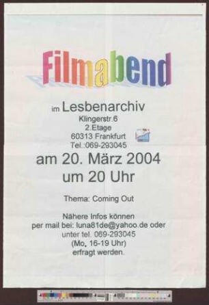 Filmabend im Lesbenarchiv : Thema: Coming Out