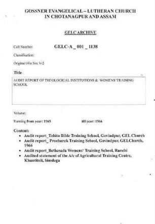 Audit report of THEOLOGICAL INSTITUTIONS & WOMENS' TRAINING SCHOOL