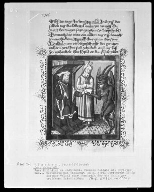 Jacobus Palladini de Anacharano, Prozeß des Teufels Belial mit Christus; der 'Grüne Teufel' — Salomon überreicht Belial eine Abschrift in Anwesenheit von Moses