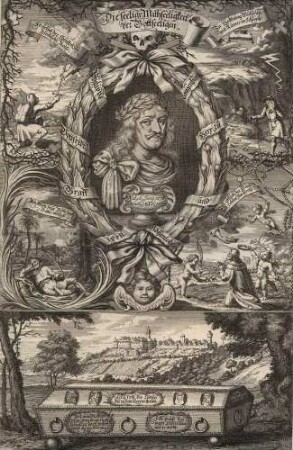 Waldenburg, Gesamtansicht. Aus der Leichenpredigt des Grafen Phillipp Gottfried zu Hohenlohe-Langenburg. o.B. S: Joachim Georg Creuzfelder pinxit et delineavit - J. Sandrart sculpsit Norimberg. Kupferstich.