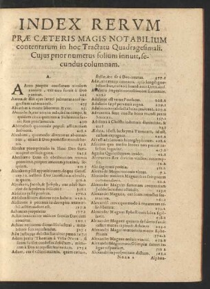 Index Rerum Prae Caeteris Magis Notabilium contentarum in hoc Tractatu Quadragesimali.
