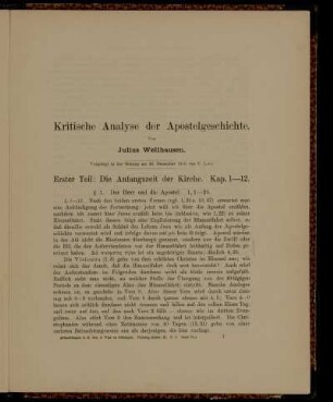 Kritische Analyse der Apostelgeschichte Von Julius Wellhausen. Vorgelet in der Sitzung am 20. Dezember 1913 von F. Leo