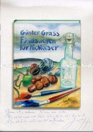 Kunstdruckblatt zum Buch "Fundsachen für Nichtesser" mit Widmung von Günter Grass