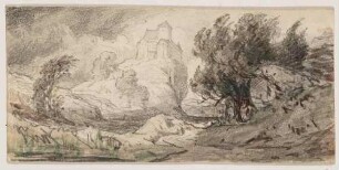 Burg auf steilem Berg, rechts Baumgruppe