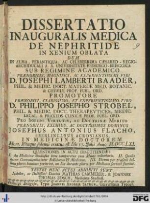 Dissertatio Inauguralis Medica De Nephritide In Xenium Oblata