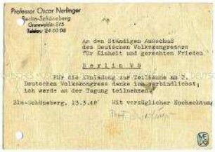 Handsignierte Postkarte des Malers Oscar Nerlinger mit der Zusage der Teilnahme am 2. Deutschen Volkskongress